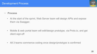 Development Process
• Process
• At the start of the sprint, Web Server team will design APIs and expose
them via Swagger.
• Mobile & web portal team will edit/design prototype, via Proto.io, and get
client sign-off
• All 3 teams commence coding once design/prototype is confirmed
20
 