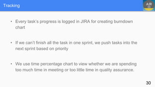 • Every task’s progress is logged in JIRA for creating burndown
chart
• If we can’t finish all the task in one sprint, we push tasks into the
next sprint based on priority
• We use time percentage chart to view whether we are spending
too much time in meeting or too little time in quality assurance.
Tracking
30
 