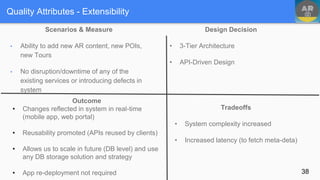 Quality Attributes - Extensibility
Scenarios & Measure
• Ability to add new AR content, new POIs,
new Tours
• No disruption/downtime of any of the
existing services or introducing defects in
system
Design Decision
• 3-Tier Architecture
• API-Driven Design
Tradeoffs
• System complexity increased
• Increased latency (to fetch meta-deta)
Outcome
• Changes reflected in system in real-time
(mobile app, web portal)
• Reusability promoted (APIs reused by clients)
• Allows us to scale in future (DB level) and use
any DB storage solution and strategy
• App re-deployment not required 38
 
