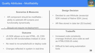 Quality Attributes - Modifiability
Design Decision
• Decided to use Wikitude Javascript
SDK instead of Native SDK (Java)
• AR files stored in data tier (S3 bucket)
Tradeoffs
• Increased code complexity
(manage Android Java code as well
as HTML/CSS/JS code)
• Difficult to test using automation
tools
• JS SDK allows us to use HTML, JS, CSS
code for AR functionalities instead of Java
• No need to re-compile/build or deploy code
• Changes reflected in system in real-time
Scenarios & Measures
• AR component should be modifiable -
ability to add/edit AR screens and
functionality dynamically
• Should not require re-deployment
Outcome
39
 