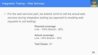 Integration Testing – Web Services
• For the web services part, we extend JUnit to call the actual web
services during integration testing (as opposed to mocking web
requests in unit testing)
51
Planned coverage:
Line - 100% Branch - 80%
Actual coverage:
Line - 83% Branch - 35%
Test Cases: 61
 