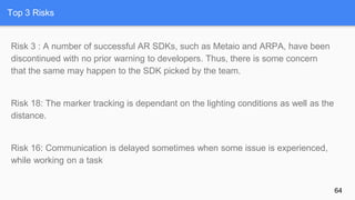 Top 3 Risks
Risk 3 : A number of successful AR SDKs, such as Metaio and ARPA, have been
discontinued with no prior warning to developers. Thus, there is some concern
that the same may happen to the SDK picked by the team.
Risk 18: The marker tracking is dependant on the lighting conditions as well as the
distance.
Risk 16: Communication is delayed sometimes when some issue is experienced,
while working on a task
64
 