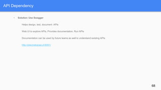 API Dependency
68
• Solution: Use Swagger
Helps design, test, document APIs
Web UI to explore APIs. Provides documentation. Run APIs
Documentation can be used by future teams as well to understand existing APIs
http://placmakarapi.cf:8081/
 