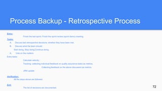 Process Backup - Retrospective Process
Entry:
Finish the last sprint. Finish the sprint review (sprint demo) meeting.
Tasks:
A. Discuss last retrospective decisions: whether they have been met.
B. Discuss what the team should:
Start doing, Stop doing,Continue doing.
A. Vote on the matters:
Extra tasks:
Calculate velocity ;
Tracking: collecting individual feedback on quality assurance tasks as metrics.
Collecting feedback on the above discussion as metrics.
JIRA update
Verification:
All the steps above are followed.
Exit:
The list of decisions are documented. 72
 