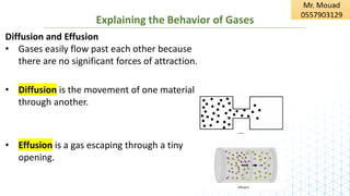 Explaining the Behavior of Gases
Diffusion and Effusion
• Gases easily flow past each other because
there are no significant forces of attraction.
• Diffusion is the movement of one material
through another.
• Effusion is a gas escaping through a tiny
opening.
 
