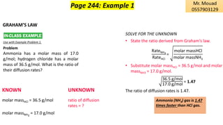 GRAHAM’S LAW
Use with Example Problem 1.
Problem
Ammonia has a molar mass of 17.0
g/mol; hydrogen chloride has a molar
mass of 36.5 g/mol. What is the ratio of
their diffusion rates?
KNOWN UNKNOWN
molar massHCl = 36.5 g/mol ratio of diffusion
rates = ?
molar massNH3
= 17.0 g/mol
SOLVE FOR THE UNKNOWN
• State the ratio derived from Graham’s law.
RateNH3
RateHCl
=
molar massHCl
molar massNH3
• Substitute molar massHCl = 36.5 g/mol and molar
massNH3 = 17.0 g/mol.
36.5 g/mol
17.0 g/mol
= 1.47
The ratio of diffusion rates is 1.47.
Page 244: Example 1
Ammonia (NH3) gas is 1.47
times faster than HCl gas.
 