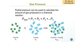 Gas Pressure
Partial pressure can be used to calculate the
amount of gas produced in a chemical
reaction.
Ptotal = P1 + P2 + P3 +...Pn
 