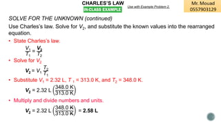 CHARLES’S LAW
Use with Example Problem 2.
SOLVE FOR THE UNKNOWN (continued)
Use Charles’s law. Solve for V2, and substitute the known values into the rearranged
equation.
• State Charles’s law.
V1
T1
=
V2
T2
• Solve for V2
V2 = V1
T2
T1
• Substitute V1 = 2.32 L, T 1 = 313.0 K, and T2 = 348.0 K.
V2 = 2.32 L
348.0 K
313.0 K
• Multiply and divide numbers and units.
V2 = 2.32 L
348.0 K
313.0 K
= 2.58 L
 
