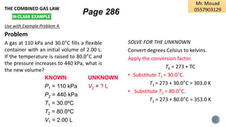 THE COMBINED GAS LAW
Use with Example Problem 4.
Problem
A gas at 110 kPa and 30.0°C fills a flexible
container with an initial volume of 2.00 L.
If the temperature is raised to 80.0°C and
the pressure increases to 440 kPa, what is
the new volume?
KNOWN UNKNOWN
P1 = 110 kPa V2 = ? L
P2 = 440 kPa
T1 = 30.0ºC
T2 = 80.0ºC
V1 = 2.00 L
SOLVE FOR THE UNKNOWN
Convert degrees Celsius to kelvins.
Apply the conversion factor.
TK = 273 + TC
• Substitute T1 = 30.0°C.
T1 = 273 + 30.0°C = 303.0 K
• Substitute T2 = 80.0°C.
T2 = 273 + 80.0°C = 353.0 K
Page 286
 