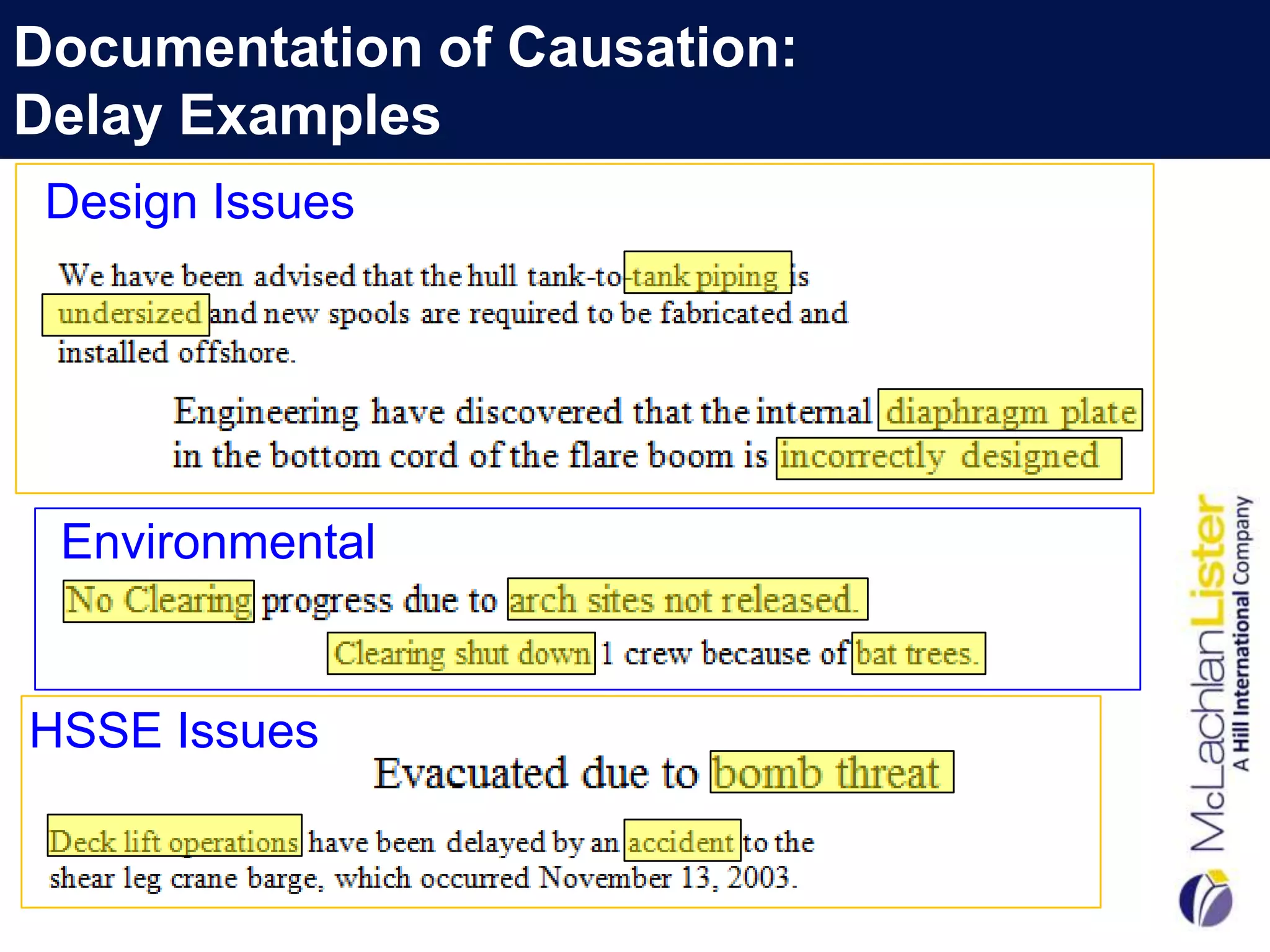 Documentation of Causation:
Delay Examples
 Design Issues




 Environmental


HSSE Issues
 