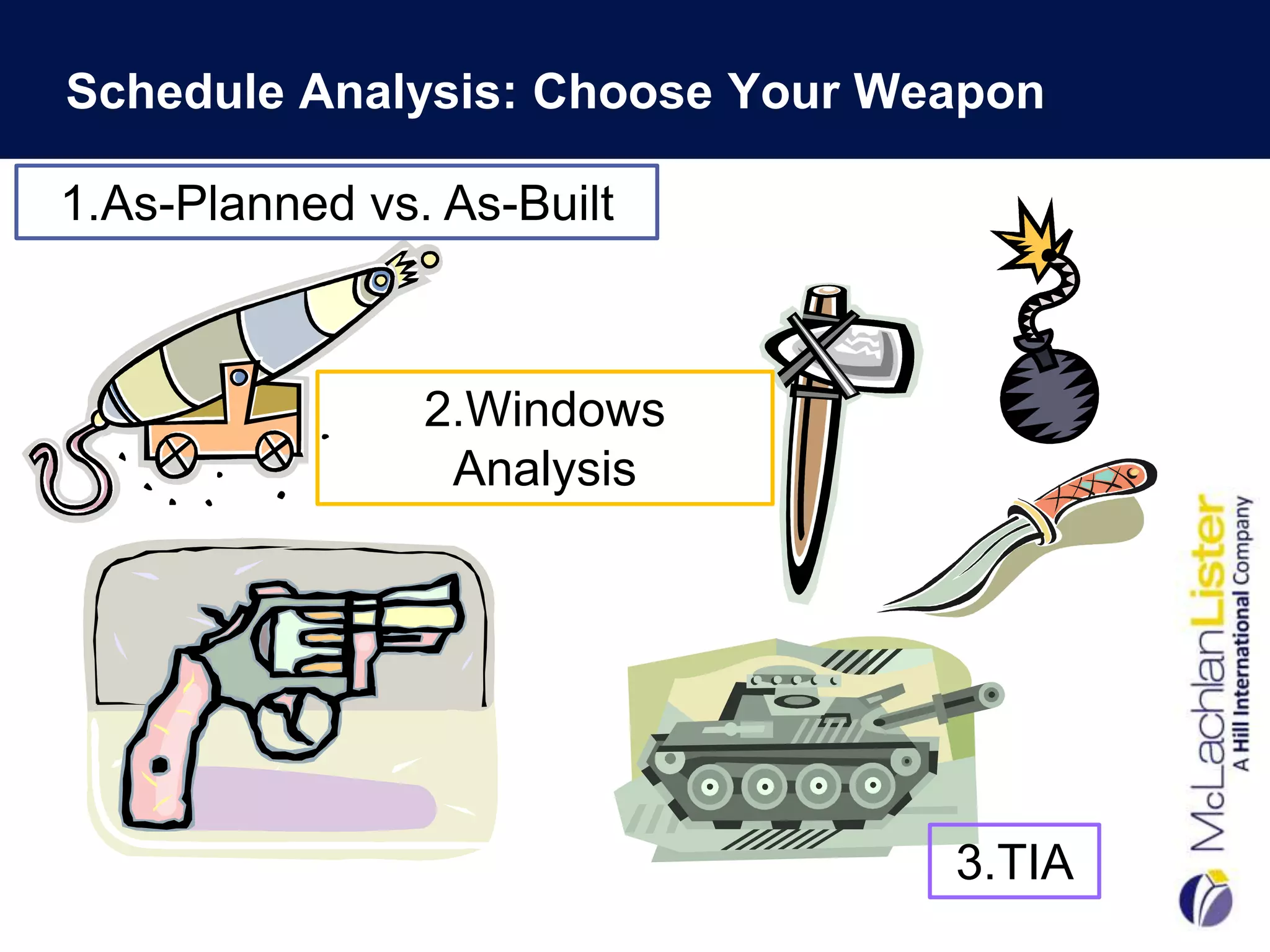 Schedule Analysis: Choose Your Weapon

1.As-Planned vs. As-Built



                2.Windows
                 Analysis




                                 3.TIA
 