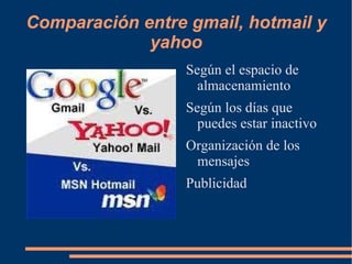 Comparación entre gmail, hotmail y yahoo ,[object Object]