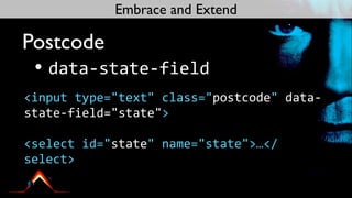 Embrace and Extend

Postcode
 • data-­‐state-­‐field
<input	
  type="text"	
  class="postcode"	
  data-­‐
state-­‐field="state">

<select	
  id="state"	
  name="state">…</	
  
select>
 