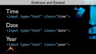 Embrace and Extend

Time
<input	
  type="text"	
  class="time">

Date
<input	
  type="text"	
  class="date">

Year
<input	
  type="text"	
  class="year">
 