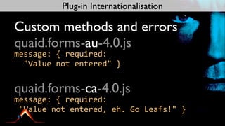 Plug-in Internationalisation

Custom methods and errors
quaid.forms-au-4.0.js
message:	
  {	
  required:	
  
	
  	
  "Value	
  not	
  entered"	
  }


quaid.forms-ca-4.0.js
message:	
  {	
  required:	
  
	
  "Value	
  not	
  entered,	
  eh.	
  Go	
  Leafs!"	
  }
 