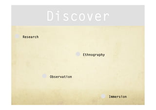 Discover
Research




                         Ethnography




           Observation




                                       Immersion
 