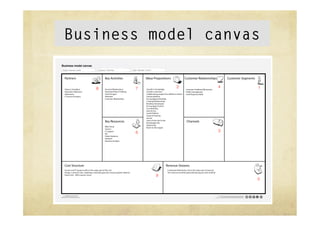 Business model canvas
Business model canvas
Project: Business model   Company: TimeFinda   Date: Wed Mar 13 2013




                          8                       7                        2   4   1




                                                  6                            3




                                                                       9
                                                                                   5


 © willdonovan 2011
 