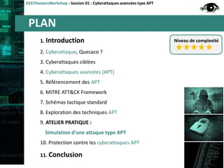 PLAN
#237HackersWorkshop - Session 01 : Cyberattaques avancées type APT
1. Introduction
2. Cyberattaque, Quesaco ?
3. Cyberattaques ciblées
4. Cyberattaques avancées (APT)
5. Référencement des APT
6. MITRE ATT&CK Framework
7. Schémas tactique standard
8. Exploration des techniques APT
9. ATELIER PRATIQUE :
Simulation d’une attaque type APT
10. Protection contre les cyberattaques APT
11. Conclusion
Niveau de complexité
4
 