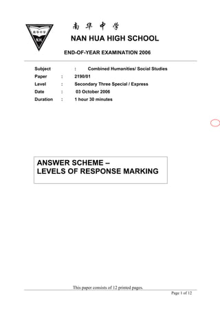 NAN HUA HIGH SCHOOL
               END-OF-YEAR EXAMINATION 2006


Subject           :      Combined Humanities/ Social Studies
Paper      :      2190/01
Level      :      Secondary Three Special / Express
Date       :      03 October 2006
Duration   :      1 hour 30 minutes




 ANSWER SCHEME –
 LEVELS OF RESPONSE MARKING




                 This paper consists of 12 printed pages.
                                                               Page 1 of 12
 