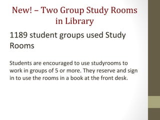New! – Two Group Study Rooms
in Library
1189 student groups used Study
Rooms
Students are encouraged to use studyrooms to
work in groups of 5 or more. They reserve and sign
in to use the rooms in a book at the front desk.
 