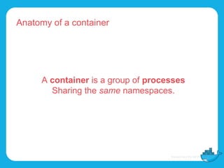 Anatomy of a container
A container is a group of processes
Sharing the same namespaces.
 