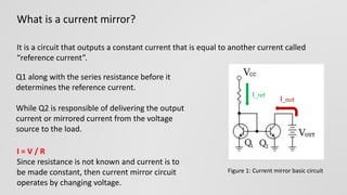 What is a current mirror?
It is a circuit that outputs a constant current that is equal to another current called
“reference current”.
I_ref
I_out
Figure 1: Current mirror basic circuit
Q1 along with the series resistance before it
determines the reference current.
While Q2 is responsible of delivering the output
current or mirrored current from the voltage
source to the load.
I = V / R
Since resistance is not known and current is to
be made constant, then current mirror circuit
operates by changing voltage.
 