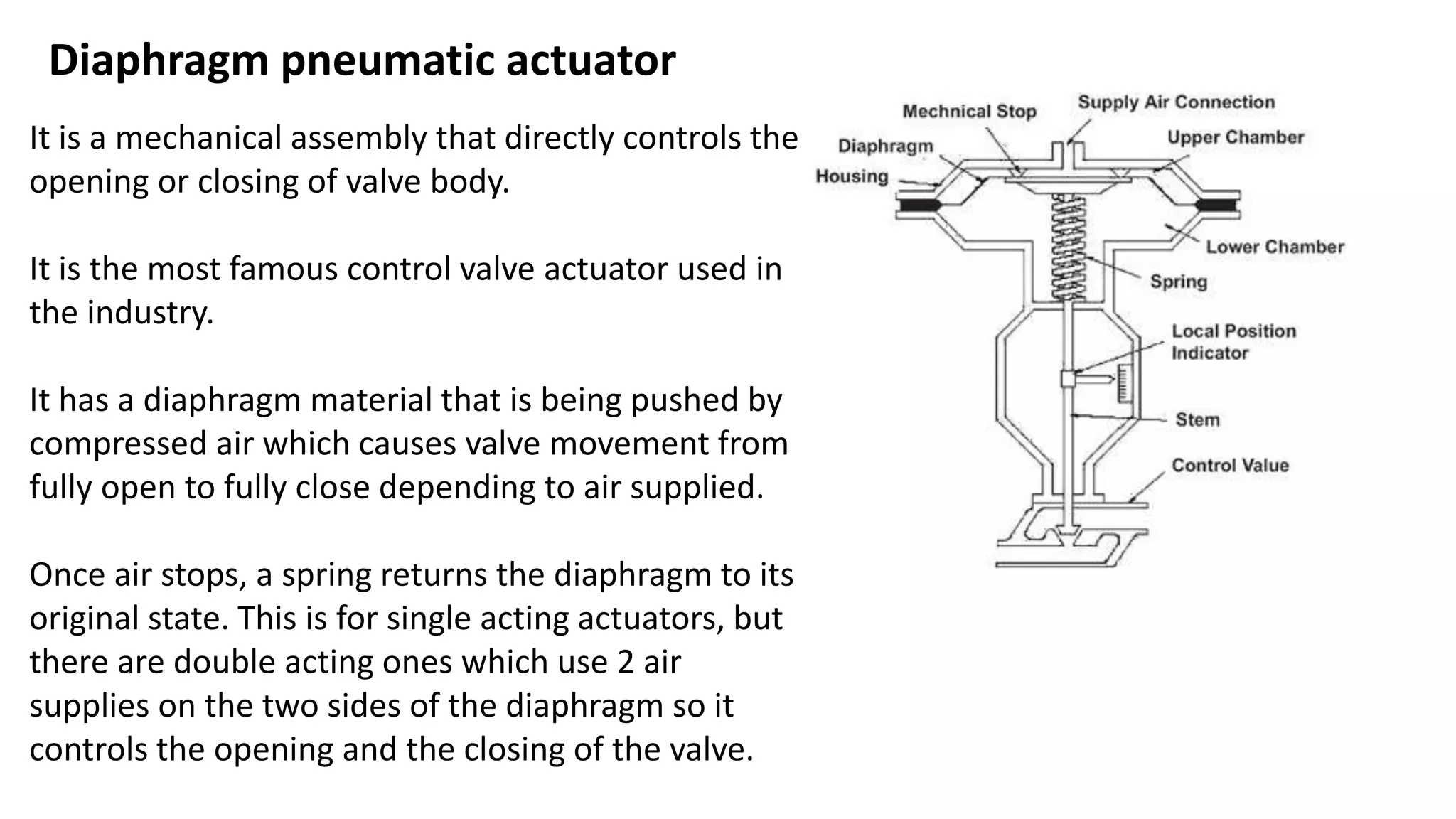 It is a mechanical assembly that directly controls the
opening or closing of valve body.
It is the most famous control valve actuator used in
the industry.
It has a diaphragm material that is being pushed by
compressed air which causes valve movement from
fully open to fully close depending to air supplied.
Once air stops, a spring returns the diaphragm to its
original state. This is for single acting actuators, but
there are double acting ones which use 2 air
supplies on the two sides of the diaphragm so it
controls the opening and the closing of the valve.
Diaphragm pneumatic actuator
 