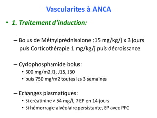 Vascularites à ANCA
• 1. Traitement d’induction:
– Bolus de Méthylprédnisolone :15 mg/kg/j x 3 jours
puis Corticothérapie 1 mg/kg/j puis décroissance
– Cyclophosphamide bolus:
• 600 mg/m2 J1, J15, J30
• puis 750 mg/m2 toutes les 3 semaines
– Echanges plasmatiques:
• Si créatinine > 54 mg/l, 7 EP en 14 jours
• Si hémorragie alvéolaire persistante, EP avec PFC
 