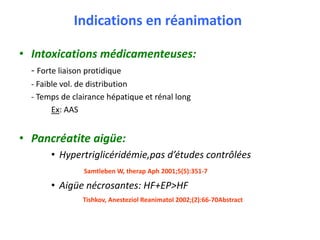 Indications en réanimation
• Intoxications médicamenteuses:
- Forte liaison protidique
- Faible vol. de distribution
- Temps de clairance hépatique et rénal long
Ex: AAS
• Pancréatite aigüe:
• Hypertriglicéridémie,pas d’études contrôlées
Samtleben W, therap Aph 2001;5(5):351-7
• Aigüe nécrosantes: HF+EP>HF
Tishkov, Anesteziol Reanimatol 2002;(2):66-70Abstract
 