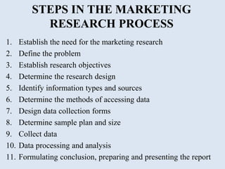 STEPS IN THE MARKETING
RESEARCH PROCESS
1. Establish the need for the marketing research
2. Define the problem
3. Establish research objectives
4. Determine the research design
5. Identify information types and sources
6. Determine the methods of accessing data
7. Design data collection forms
8. Determine sample plan and size
9. Collect data
10. Data processing and analysis
11. Formulating conclusion, preparing and presenting the report
 