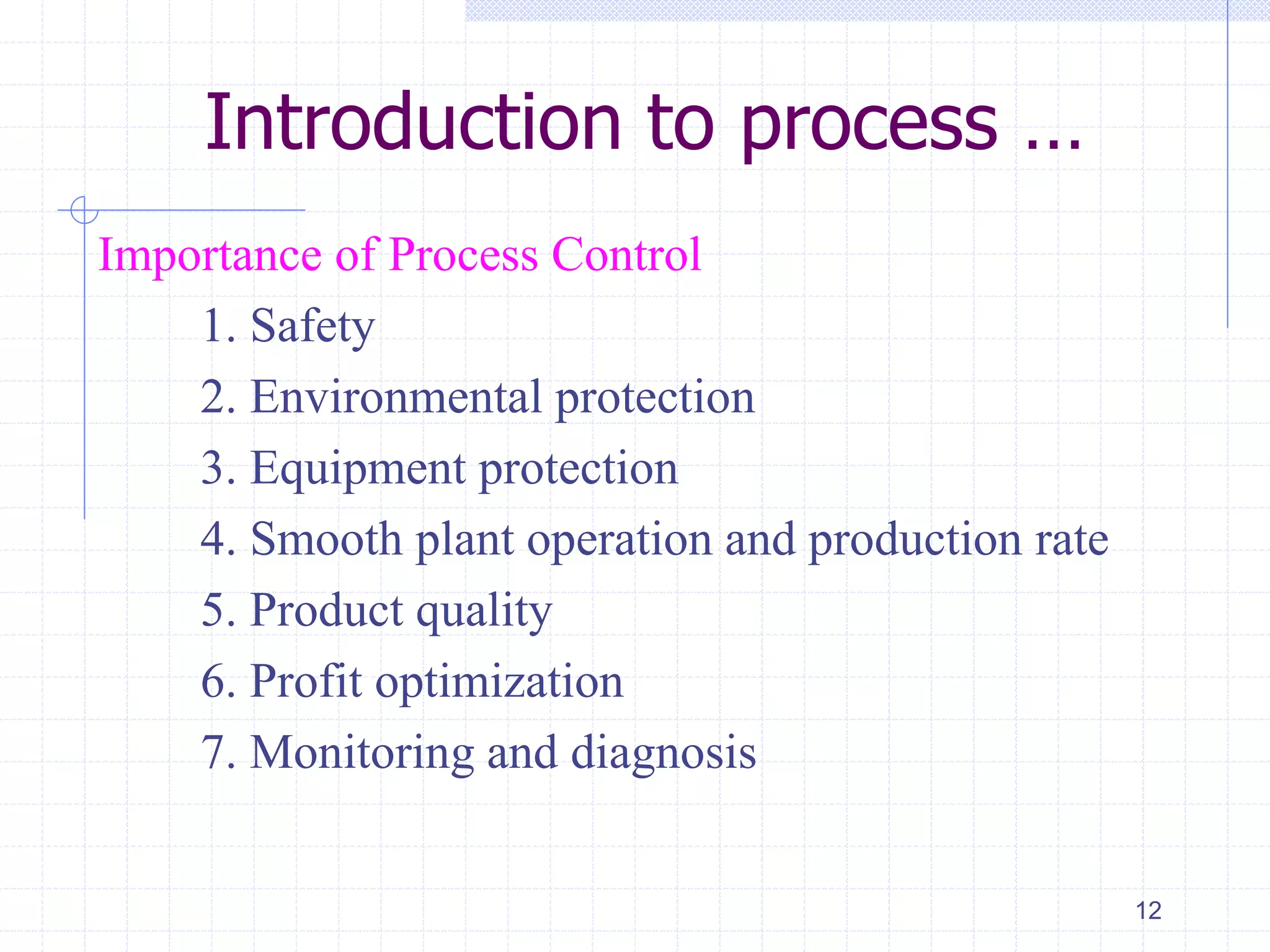Importance of Process Control
1. Safety
2. Environmental protection
3. Equipment protection
4. Smooth plant operation and production rate
5. Product quality
6. Profit optimization
7. Monitoring and diagnosis
12
Introduction to process …
 