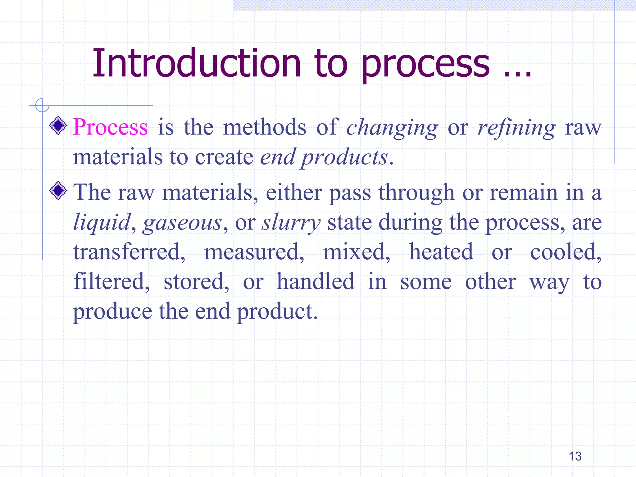 Introduction to process …
Process is the methods of changing or refining raw
materials to create end products.
The raw materials, either pass through or remain in a
liquid, gaseous, or slurry state during the process, are
transferred, measured, mixed, heated or cooled,
filtered, stored, or handled in some other way to
produce the end product.
13
 