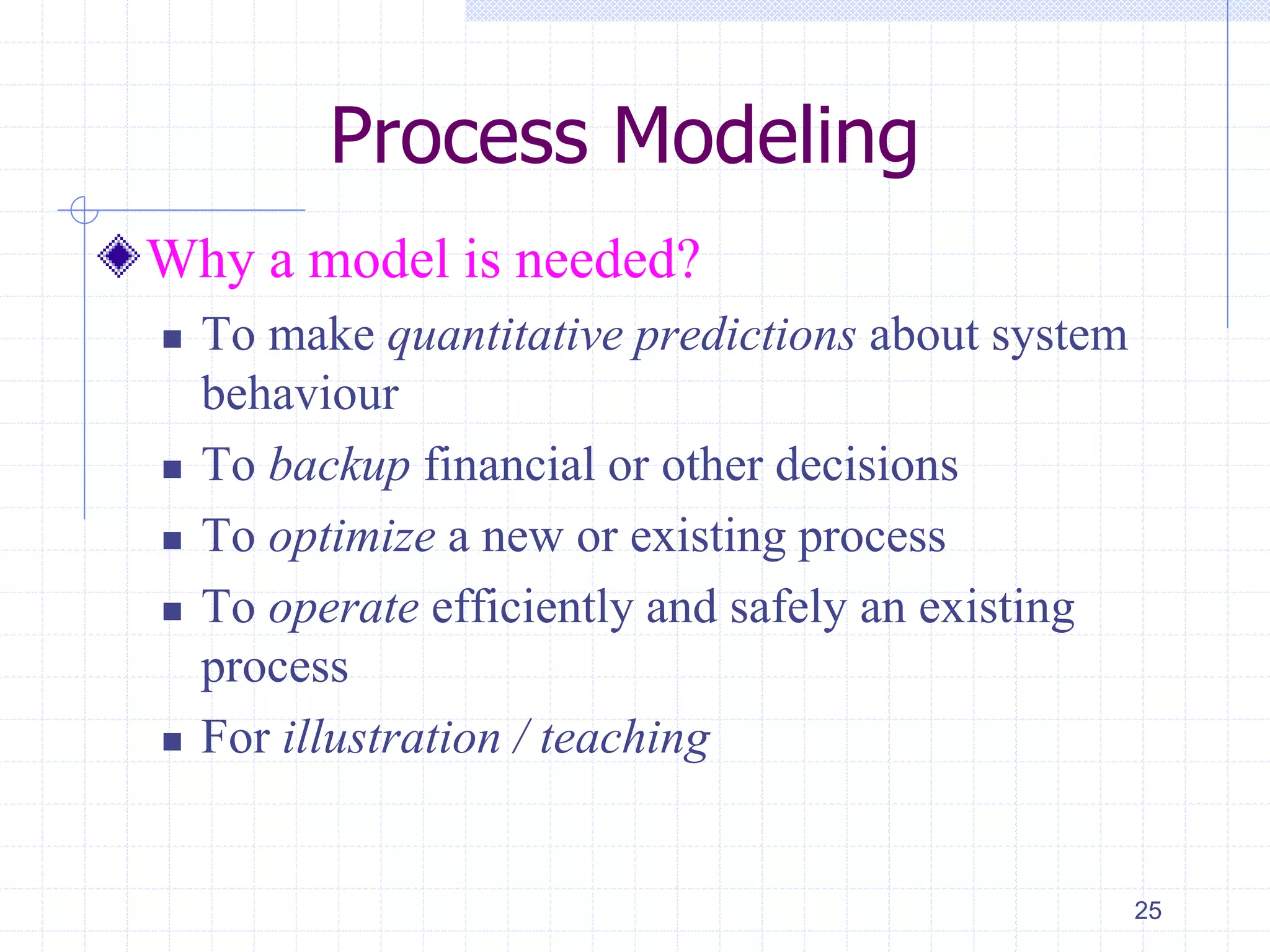 Process Modeling
Why a model is needed?
 To make quantitative predictions about system
behaviour
 To backup financial or other decisions
 To optimize a new or existing process
 To operate efficiently and safely an existing
process
 For illustration / teaching
25
 