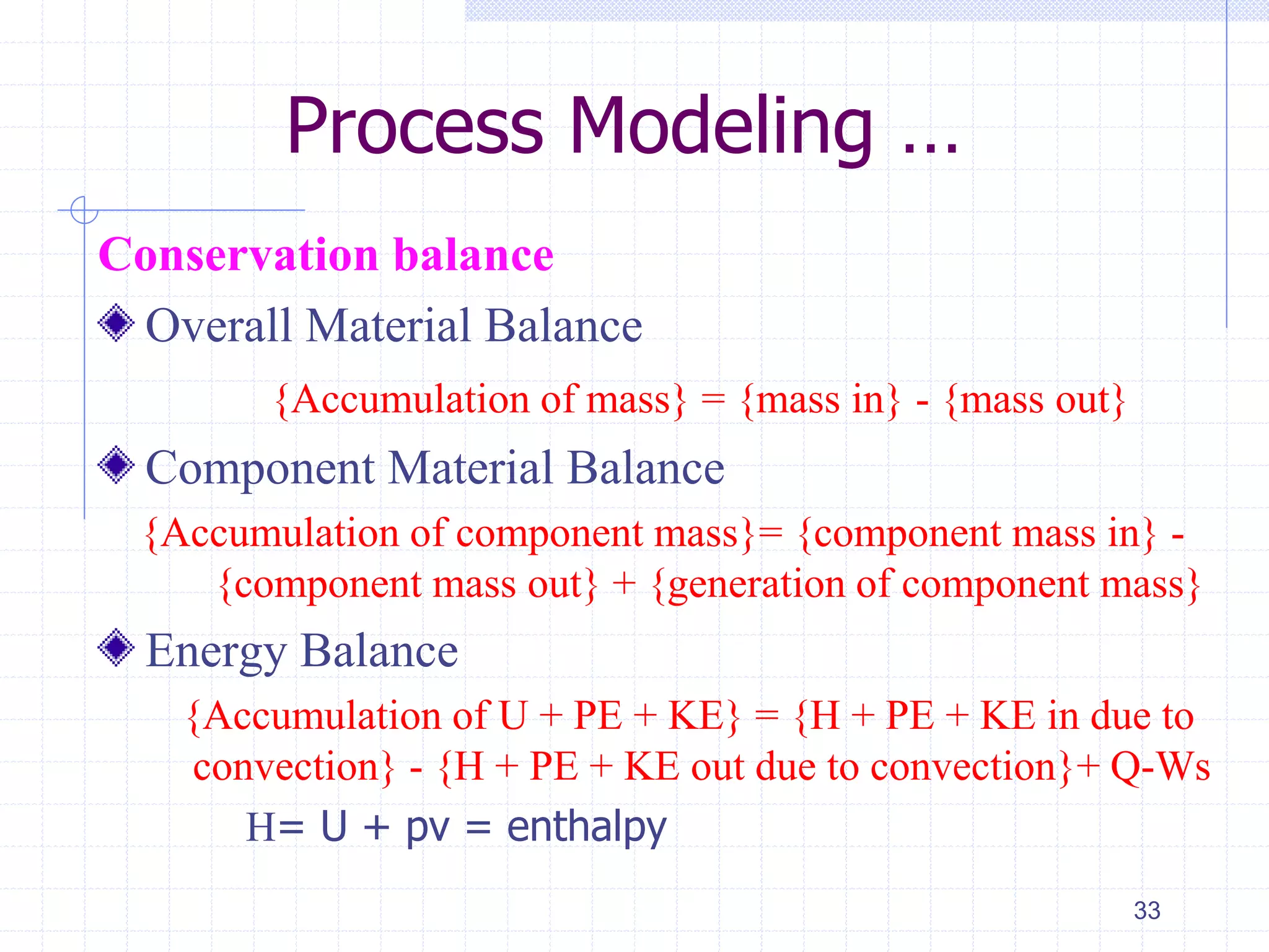 Process Modeling …
Conservation balance
Overall Material Balance
{Accumulation of mass} = {mass in} - {mass out}
Component Material Balance
{Accumulation of component mass}= {component mass in} -
. {component mass out} + {generation of component mass}
Energy Balance
{Accumulation of U + PE + KE} = {H + PE + KE in due to
. convection} - {H + PE + KE out due to convection}+ Q-Ws
H= U + pv = enthalpy
33
 