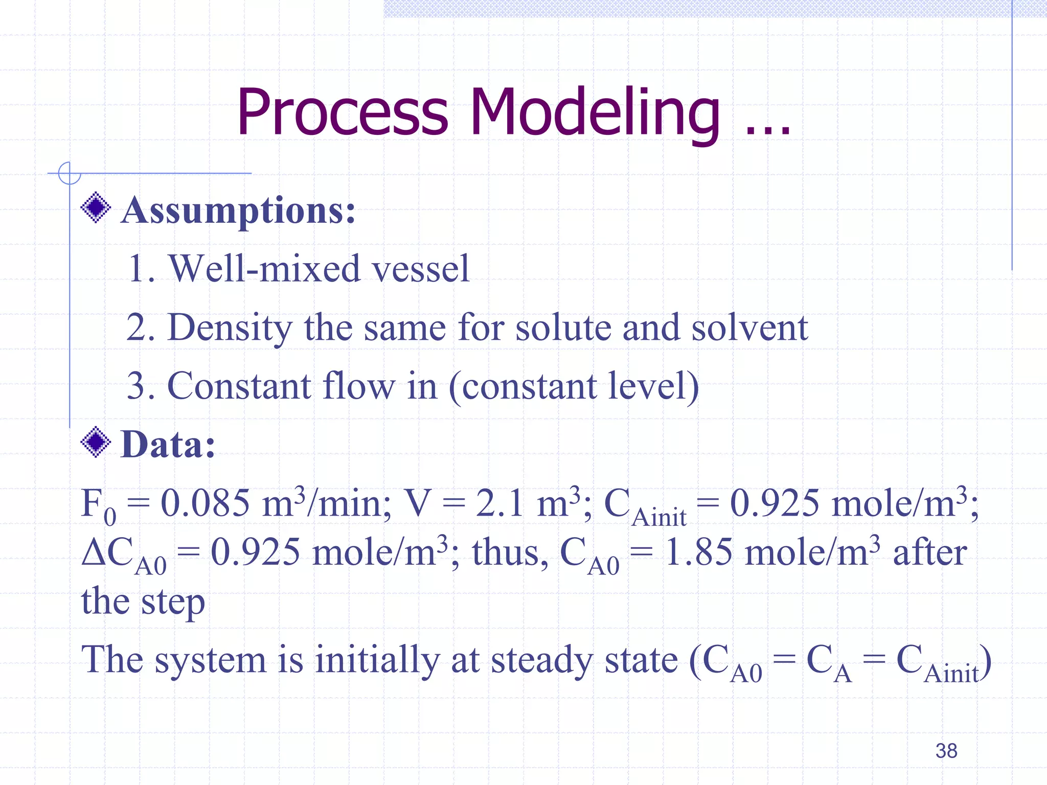 Process Modeling …
Assumptions:
1. Well-mixed vessel
2. Density the same for solute and solvent
3. Constant flow in (constant level)
Data:
F0 = 0.085 m3/min; V = 2.1 m3; CAinit = 0.925 mole/m3;
ΔCA0 = 0.925 mole/m3; thus, CA0 = 1.85 mole/m3 after
the step
The system is initially at steady state (CA0 = CA = CAinit)
38
 