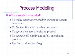 Process Modeling
Why a model is needed?
 To make quantitative predictions about system
behaviour
 To backup financial or other decisions
 To optimize a new or existing process
 To operate efficiently and safely an existing
process
 For illustration / teaching
25
 