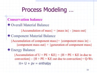 Process Modeling …
Conservation balance
Overall Material Balance
{Accumulation of mass} = {mass in} - {mass out}
Component Material Balance
{Accumulation of component mass}= {component mass in} -
. {component mass out} + {generation of component mass}
Energy Balance
{Accumulation of U + PE + KE} = {H + PE + KE in due to
. convection} - {H + PE + KE out due to convection}+ Q-Ws
H= U + pv = enthalpy
33
 