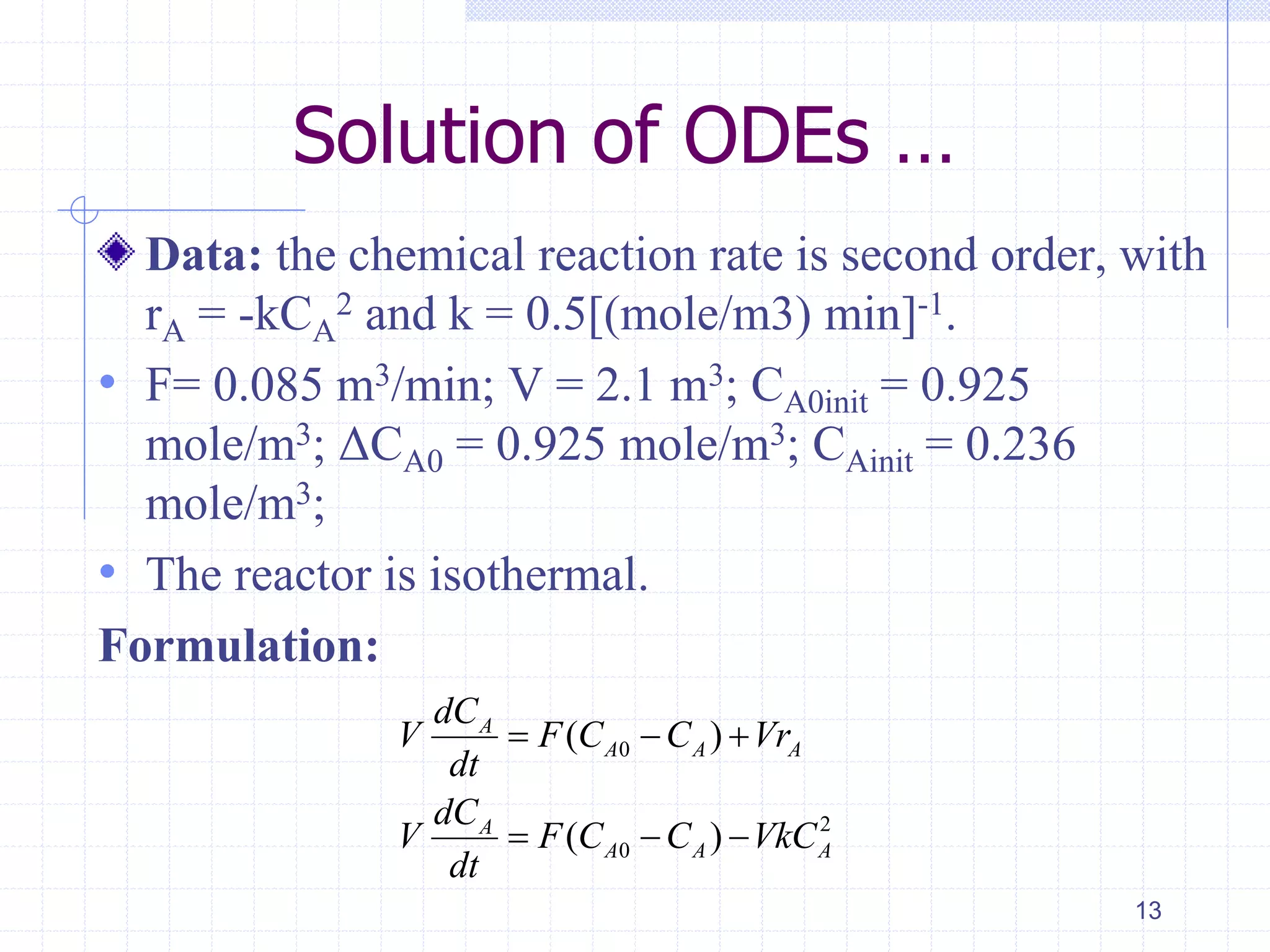 Solution of ODEs …
Data: the chemical reaction rate is second order, with
rA = -kCA
2 and k = 0.5[(mole/m3) min]-1.
• F= 0.085 m3/min; V = 2.1 m3; CA0init = 0.925
mole/m3; ΔCA0 = 0.925 mole/m3; CAinit = 0.236
mole/m3;
• The reactor is isothermal.
Formulation:
13
0
2
0
( )
( )
A
A A A
A
A A A
dC
V F C C Vr
dt
dC
V F C C VkC
dt
  
  
 