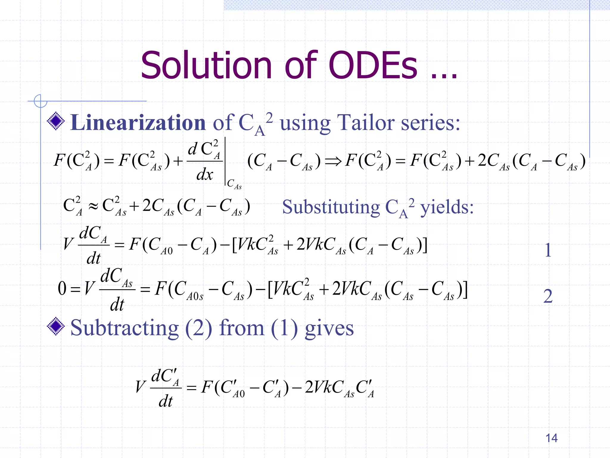 Solution of ODEs …
Linearization of CA
2 using Tailor series:
Subtracting (2) from (1) gives
14
2
2 2 2 2C
(C ) (C ) ( ) (C ) (C ) 2 ( )
As
A
A As A As A As As A As
C
d
F F C C F F C C C
dx
      
2 2
2
0
C C 2 ( )
( ) [ 2 ( )]
A As As A As
A
A A As As A As
C C C
dC
V F C C VkC VkC C C
dt
  
    
Substituting CA
2 yields:
1
2
00 ( ) [ 2 ( )]As
A s As As As As As
dC
V F C C VkC VkC C C
dt
      2
0( ) 2A
A A As A
dC
V F C C VkC C
dt

    
 