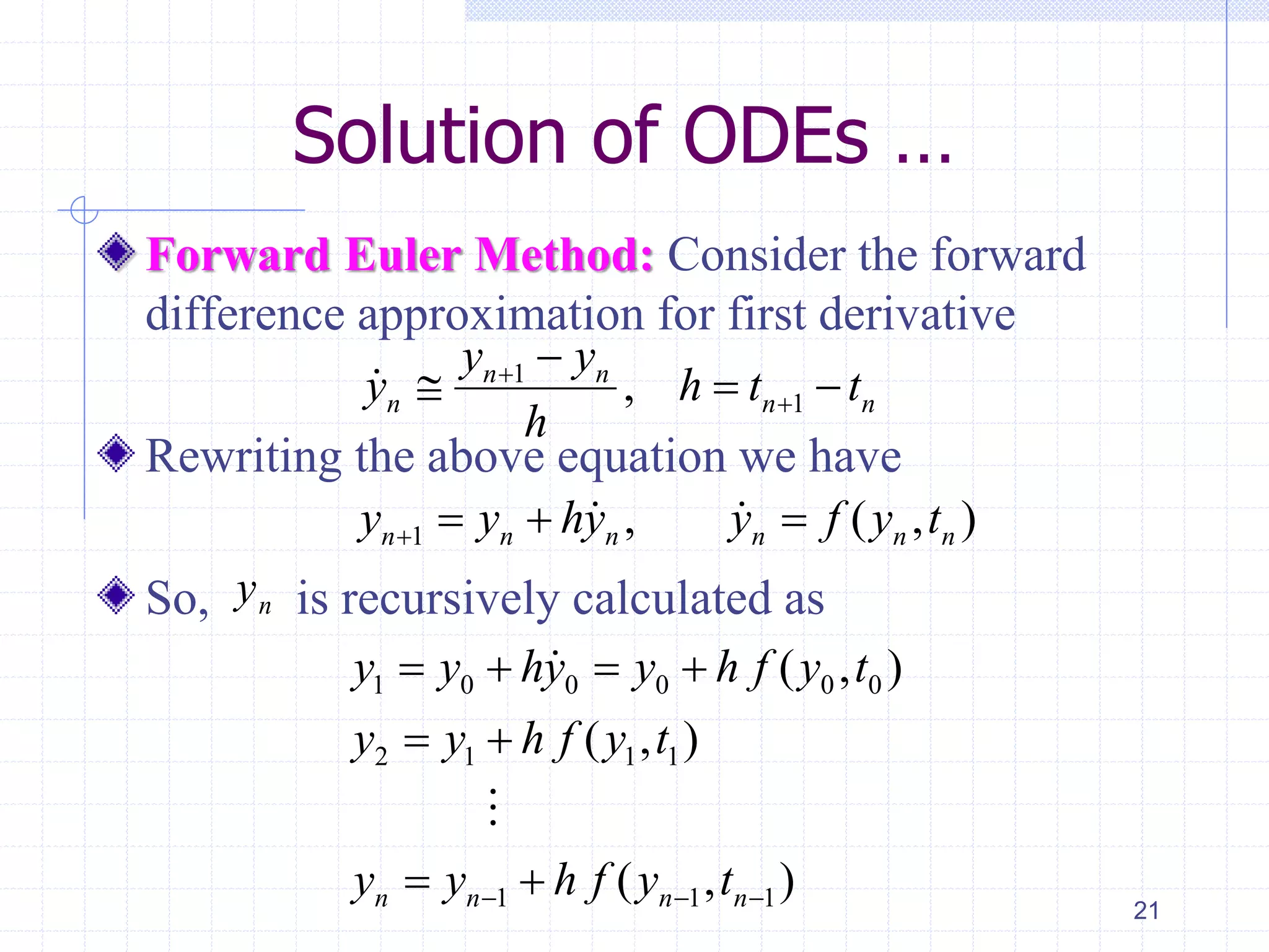 Solution of ODEs …
Forward Euler Method: Consider the forward
difference approximation for first derivative
Rewriting the above equation we have
So, is recursively calculated as
21
1
1,n n
n n n
y y
y h t t
h



  
1 , ( , )n n n n n ny y hy y f y t   
1 0 0 0 0 0
2 1 1 1
1 1 1
( , )
( , )
( , )n n n n
y y hy y h f y t
y y h f y t
y y h f y t  
   
 
 
ny
 
