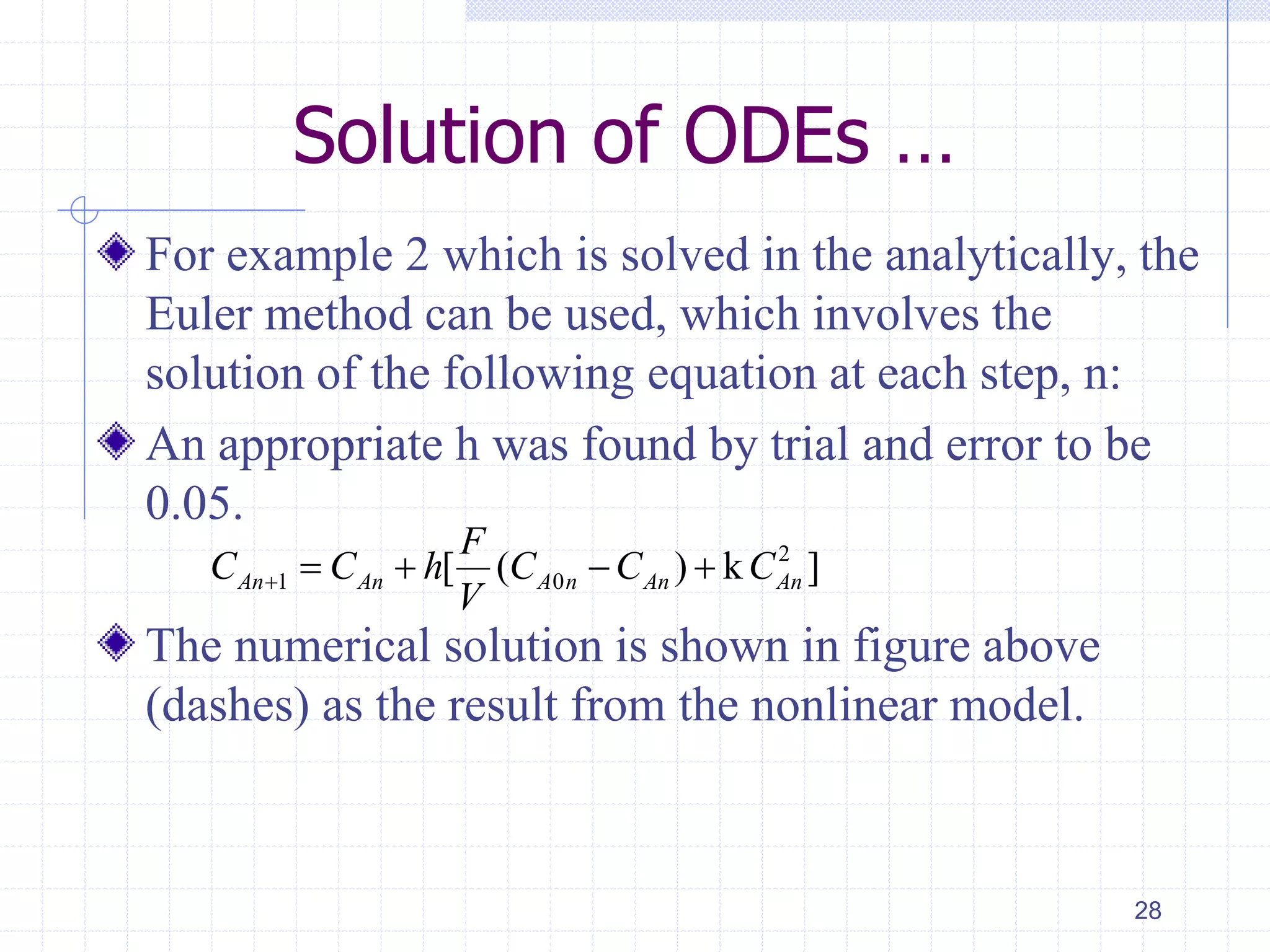 Solution of ODEs …
For example 2 which is solved in the analytically, the
Euler method can be used, which involves the
solution of the following equation at each step, n:
An appropriate h was found by trial and error to be
0.05.
The numerical solution is shown in figure above
(dashes) as the result from the nonlinear model.
28
2
1 0[ ( ) k ]An An A n An An
F
C C h C C C
V
    
 