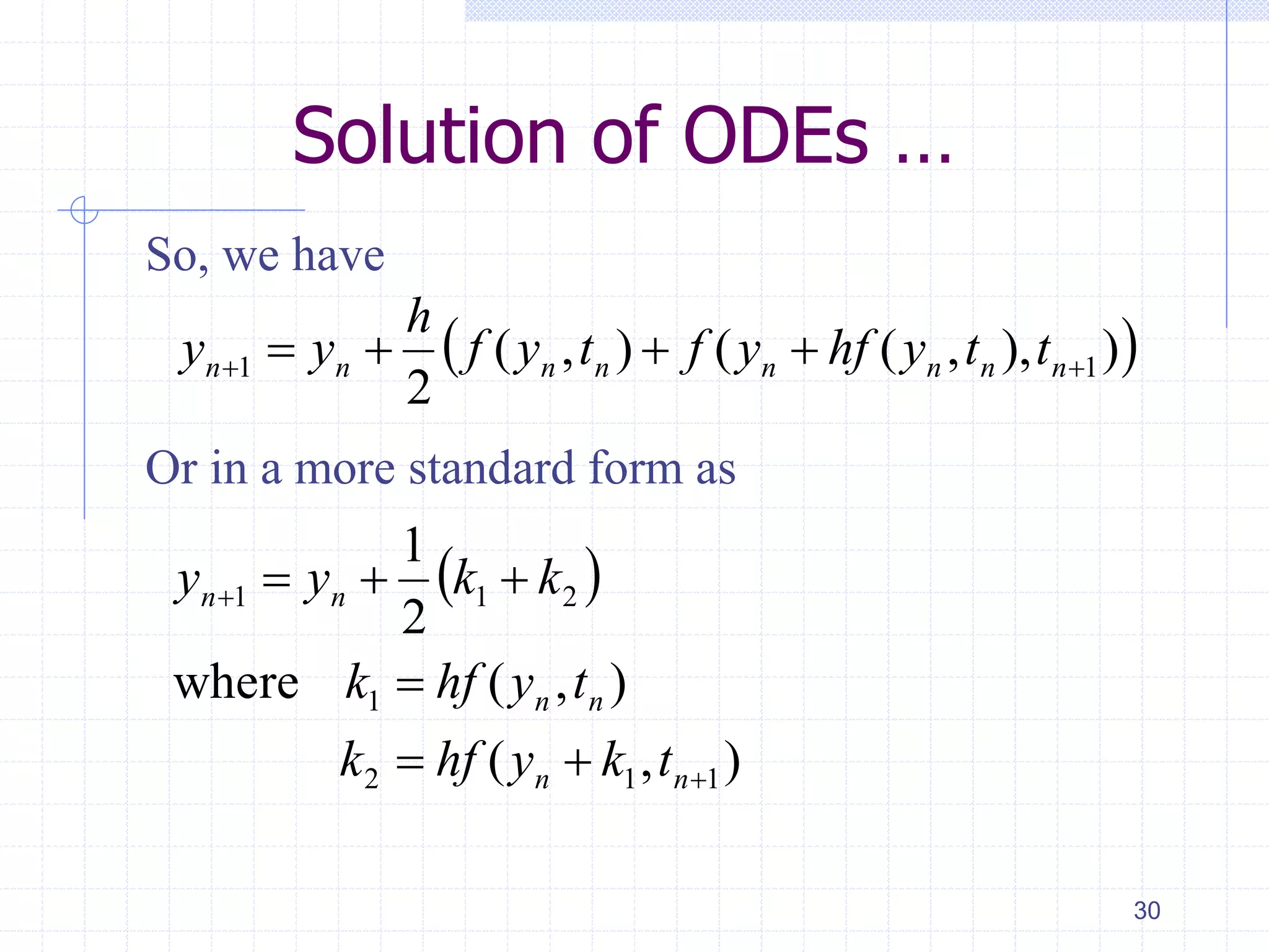 Solution of ODEs …
So, we have
Or in a more standard form as
30
 )),,((),(
2
11   nnnnnnnn ttyhfyftyf
h
yy
 
),(
),(where
2
1
112
1
211





nn
nn
nn
tkyhfk
tyhfk
kkyy
 
