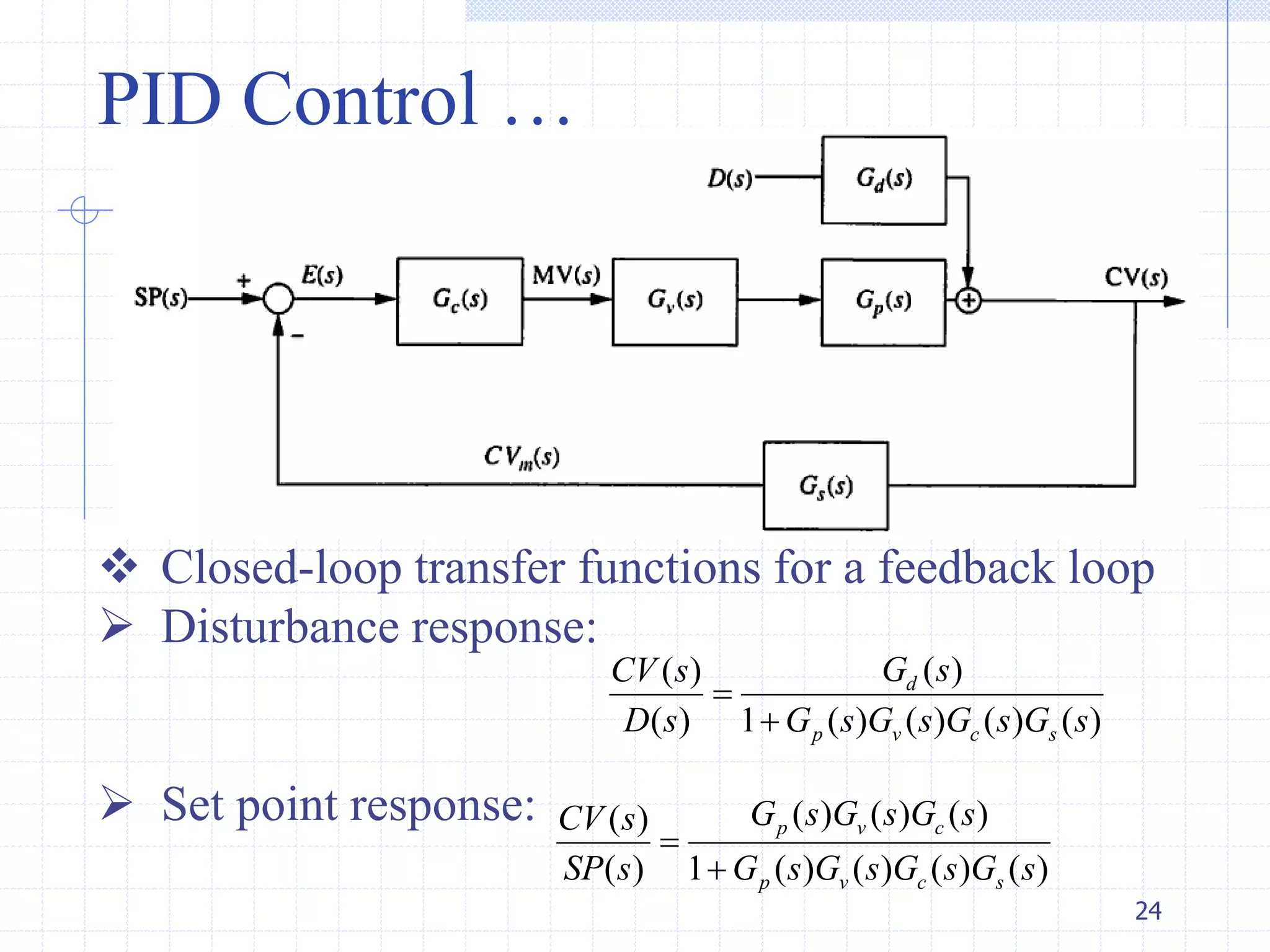 24
 Closed-loop transfer functions for a feedback loop
 Disturbance response:
 Set point response:
( )( )
( ) 1 ( ) ( ) ( ) ( )
d
p v c s
G sCV s
D s G s G s G s G s


( ) ( ) ( )( )
( ) 1 ( ) ( ) ( ) ( )
p v c
p v c s
G s G s G sCV s
SP s G s G s G s G s


PID Control …
 