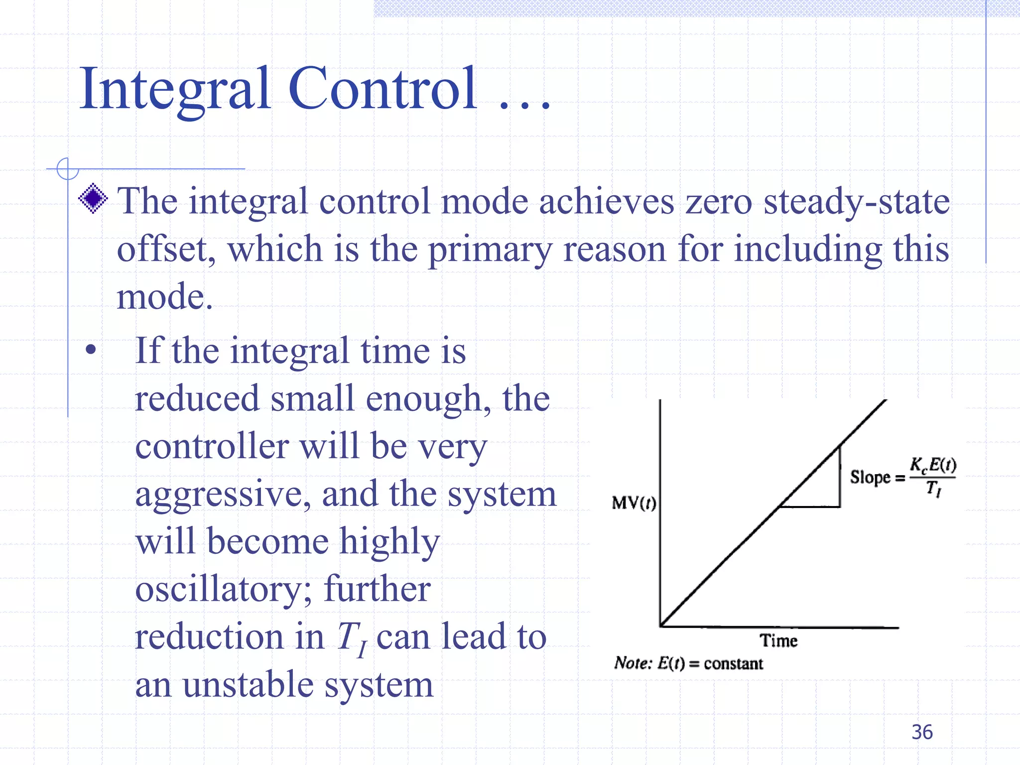 Integral Control …
The integral control mode achieves zero steady-state
offset, which is the primary reason for including this
mode.
36
• If the integral time is
reduced small enough, the
controller will be very
aggressive, and the system
will become highly
oscillatory; further
reduction in TI can lead to
an unstable system
 
