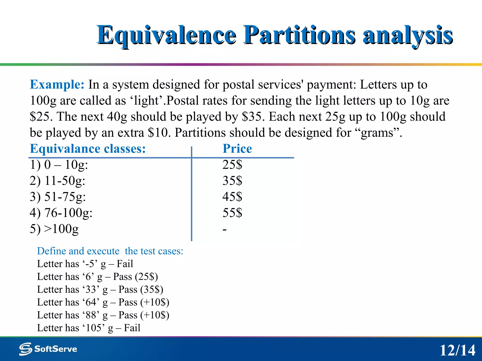 Equivalence Partitions analysisEquivalence Partitions analysis
Example: In a system designed for postal services' payment: Letters up to
100g are called as ‘light’.Postal rates for sending the light letters up to 10g are
$25. The next 40g should be played by $35. Each next 25g up to 100g should
be played by an extra $10. Partitions should be designed for “grams”.
Equivalance classes: Price
1) 0 – 10g: 25$
2) 11-50g: 35$
3) 51-75g: 45$
4) 76-100g: 55$
5) >100g -
Define and execute the test cases:
Letter has ‘-5’ g – Fail
Letter has ‘6’ g – Pass (25$)
Letter has ‘33’ g – Pass (35$)
Letter has ‘64’ g – Pass (+10$)
Letter has ‘88’ g – Pass (+10$)
Letter has ‘105’ g – Fail
12/14
 
