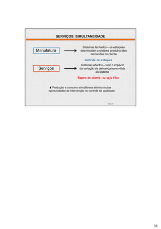 | Página 33
Manufatura
Sistemas fechados – os estoques
desvinculam o sistema produtivo das
demandas do cliente
Serviços
Controle de estoques
Sistemas abertos – todo o impacto
da variação da demanda transmitida
ao sistema
Espera do cliente, ou seja filas
Produção e consumo simultâneos elimina muitas
oportunidades de intervenção no controle de qualidade.
SERVIÇOS: SIMULTANEIDADE
33
 