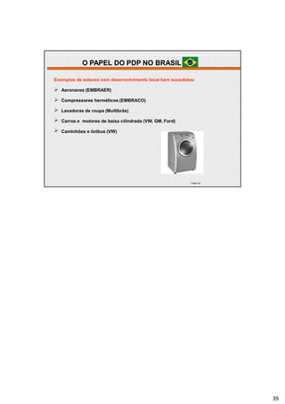 | Página 39
Exemplos de setores com desenvolvimento local bem sucedidos:
Compressores herméticos (EMBRACO)
Lavadoras de roupa (Multibrás)
Carros e motores de baixa cilindrada (VW, GM, Ford)
 Aeronaves (EMBRAER)



 Caminhões e ônibus (VW)
O PAPEL DO PDP NO BRASIL
39
 