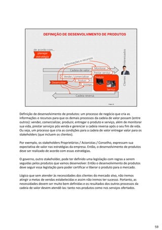 | Página 59
DEFINIÇÃO DE DESENVOLVIMENTO DE PRODUTOS
Cadeia de valor
Monitorar
Produzir
Entregar
Prestar serviço
Vender / comercializar
Cadeia reversa
ClientesInteressados
Produto
Serviço
Desenvolver
planejar
estratégia
de acordo com...
Definição de desenvolvimento de produtos: um processo de negócio que cria as
informações e recursos para que os demais processos da cadeia de valor possam (entre
outros): vender, comercializar, produzir, entregar o produto e serviço, além de monitorar
sua vida, prestar serviços pós venda e gerenciar a cadeia reversa após o seu fim de vida.
Ou seja, um processo que cria as condições para a cadeia de valor entregar valor para os
stakeholders (que incluem os clientes).
Por exemplo, os stakeholders Proprietários / Acionistas / Conselho, expressam sua
expectativa de valor nas estratégias da empresa. Então, o desenvolvimento de produtos
deve ser realizado de acordo com essas estratégias.
O governo, outro stakeholder, pode ter definido uma legislação com regras a serem
seguidas pelos produtos que vamos desenvolver. Então o desenvolvimento de produtos
deve seguir essa legislação para poder certificar e liberar o produto para o mercado.
Lógico que sem atender às necessidades dos clientes do mercado alvo, não iremos
atingir a metas de vendas estabelecidas e assim não iremos ter sucesso. Portanto, as
necessidades devem ser muito bem definidas e os resultados dos outros processos da
cadeia de valor devem atendê-las: tanto nos produtos como nos serviços ofertados.
59
 