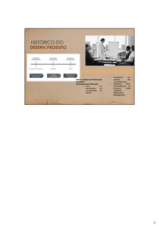 HISTÓRICO DO
DESENV.PRODUTO
 Resistência dos
clientes; alta
competitividade;
 Marketing, CRM,
Personalização de
Produtos (CRM
Customer
Relationship
Management);
Antes e depois da Revolução
industrial
Orientação para Mercado:
 Foco em
atendimento de
necessidades do
cliente;
7
 