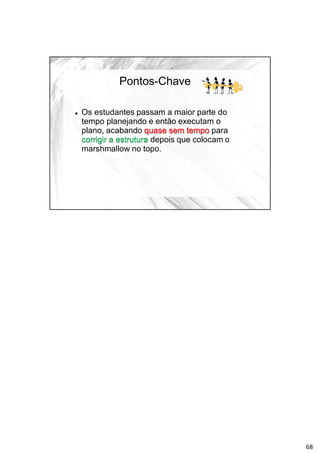 Pontos-Chave
 Os estudantes passam a maior parte do
tempo planejando e então executam o
plano, acabando quase sem tempo para
corrigir a estrutura depois que colocam o
marshmallow no topo.
68
 